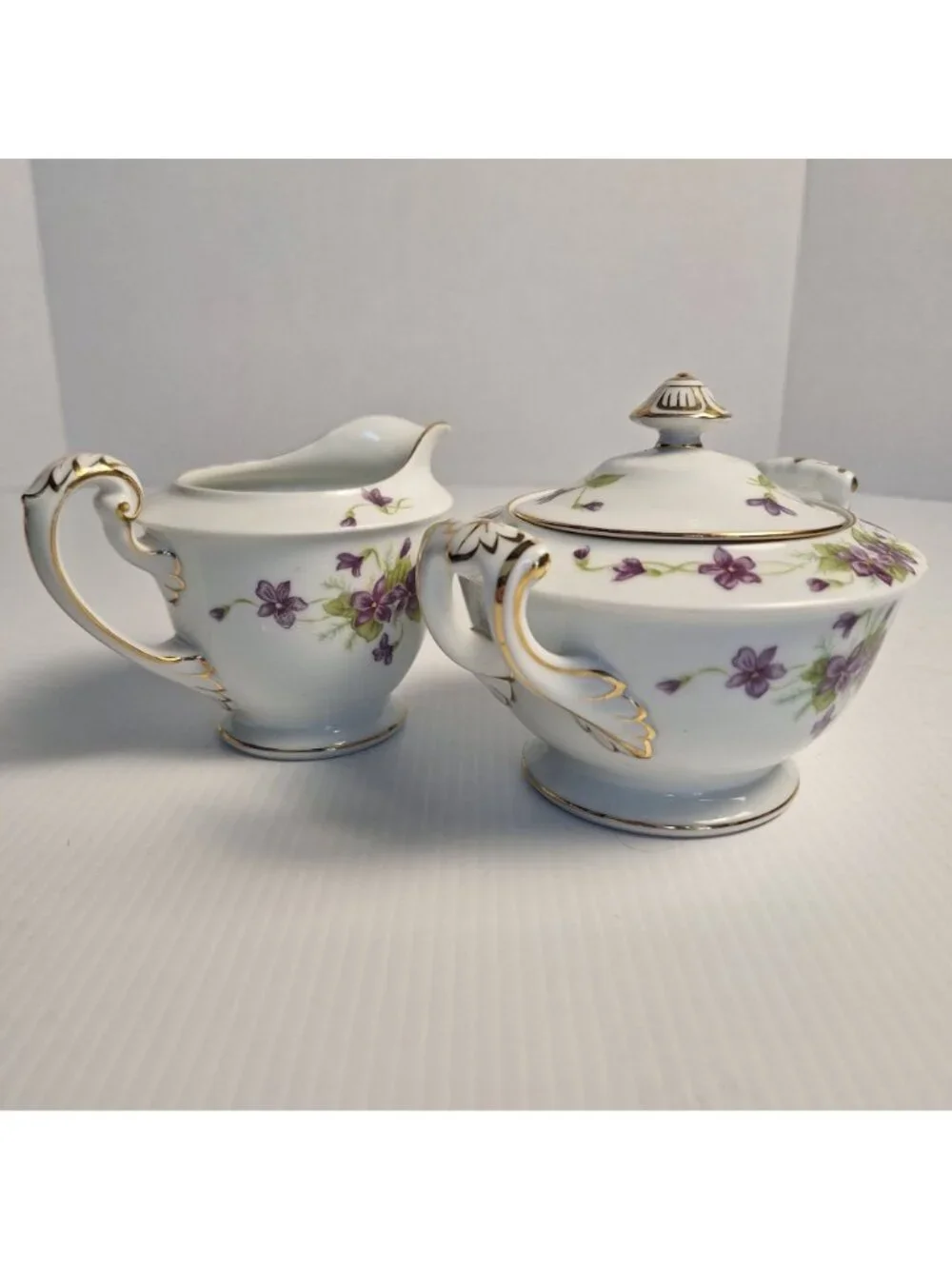 WENTWORTH CHINA JAPAN PURPLE FLORAL GOLD TRIM CREAM AND LIDDED SUGAR SET VIOLA
